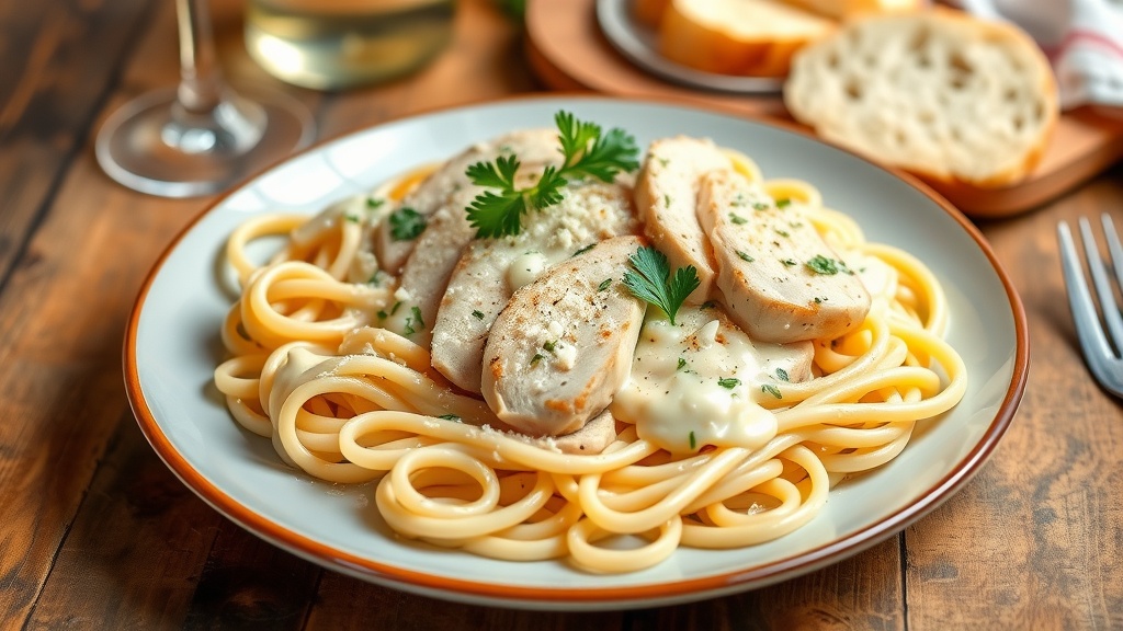 Creamy Chicken Alfredo Pasta with fettuccine, chicken, and parsley on a rustic table.